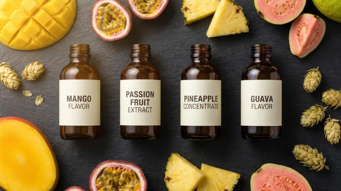 CUIGUAI Flavoring's tropical fruit flavor concentrate lineup — mango, passion fruit, pineapple, and guava — with fresh fruits and hop cones on dark slate. Available for B2B craft brewery and beverage OEM applications globally with GC-MS verification and full regulatory documentation.