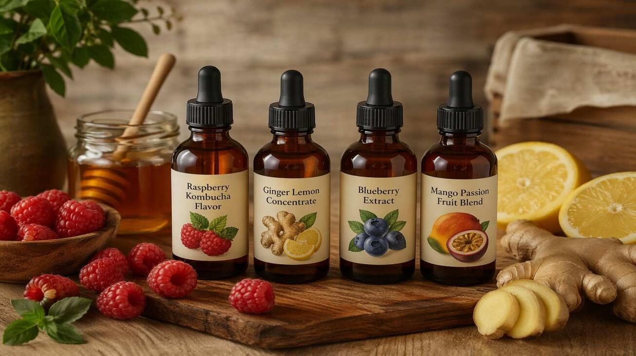 CUIGUAI Flavoring's kombucha-optimized fruit flavor concentrate lineup — Raspberry Kombucha Flavor, Ginger Lemon, Blueberry Extract, and Mango Passion Fruit — displayed on wooden surface with fresh ingredient props. Available for global B2B kombucha OEM supply with pH stability validation and full regulatory documentation.