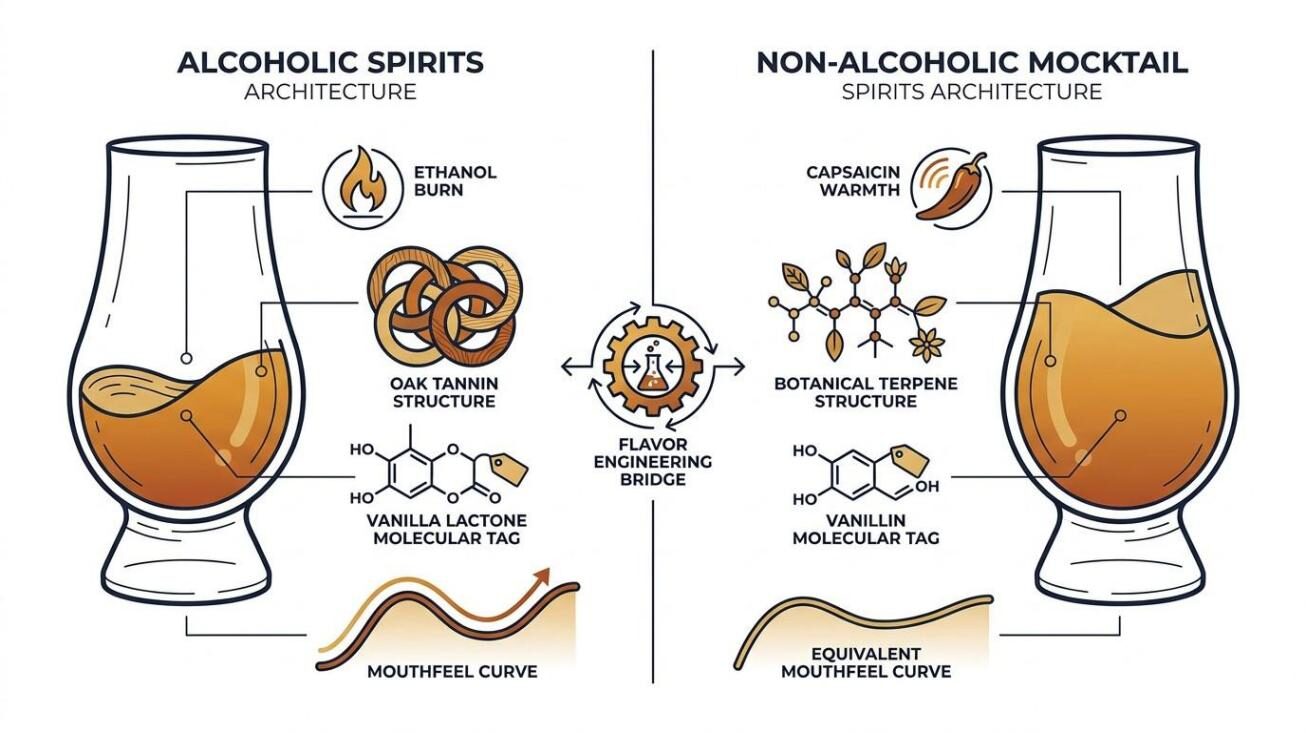 Une infographie technique comparant la chimie sensorielle des spiritueux alcoolisés (brûlure TRPV1 de l’éthanol, tanins de chêne, lactone de vanille) à leurs équivalents en ingénierie non alcoolique (chaleur du capsaïcine, extrait de tanins botaniques, lactone de whisky) — illustrant l’approche de formulation de spiritueux sans alcool de CUIGUAI Flavoring.