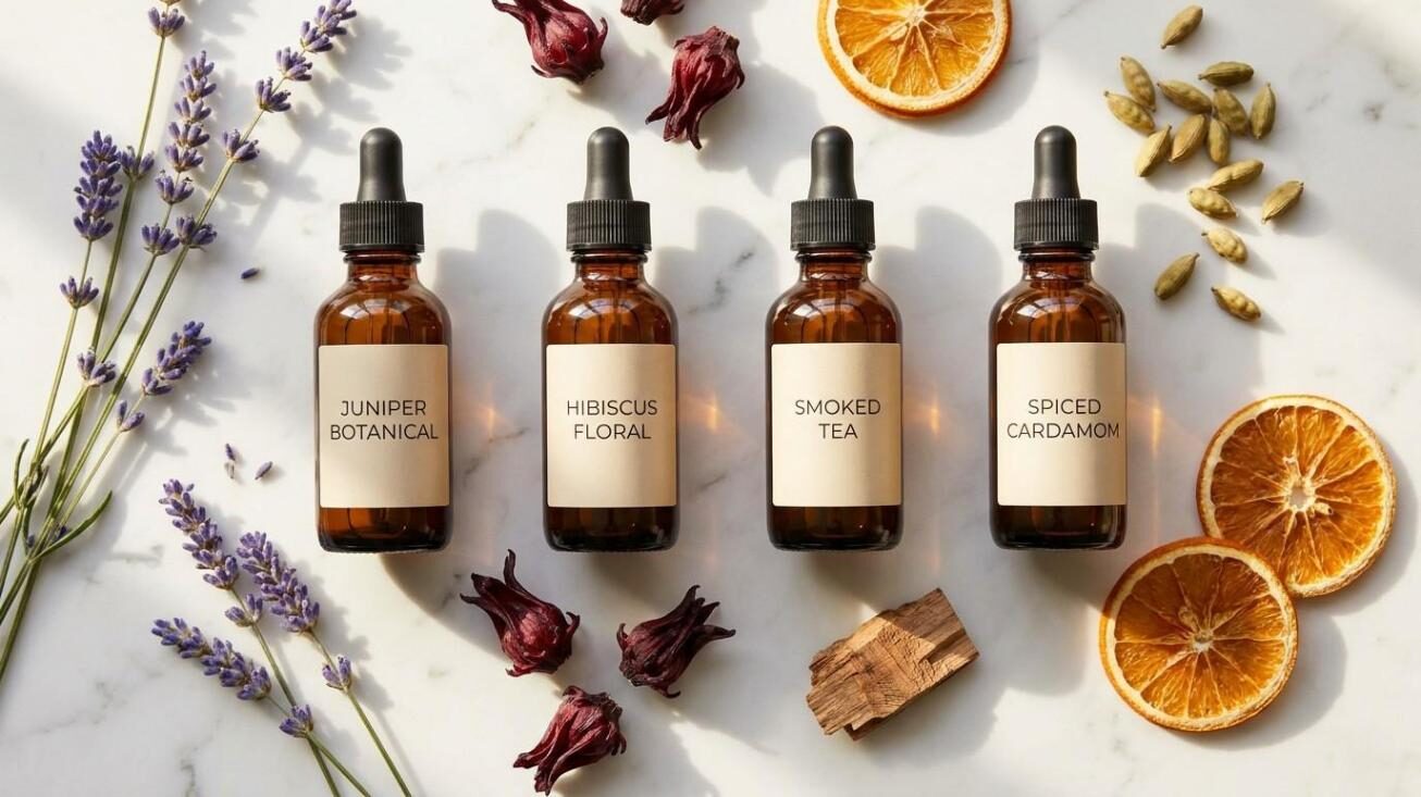 Product flat-lay of CUIGUAI Flavoring's mocktail botanical flavor concentrate lineup — including juniper, hibiscus, smoked tea, and cardamom profiles — with fresh botanicals on a clean white surface. Available for B2B OEM beverage production globally.