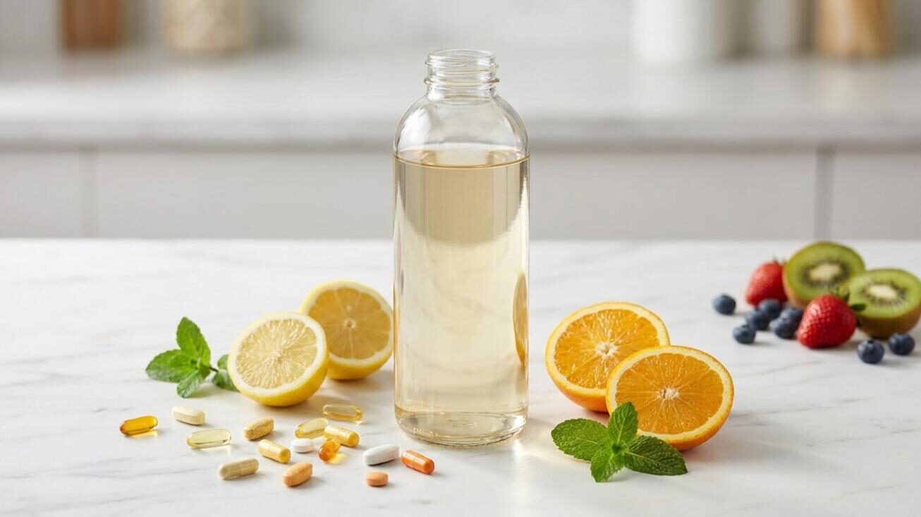 A vitamin-fortified water bottle surrounded by citrus fruits and vitamin supplements — hero image for CUIGUAI Flavoring's comprehensive technical guide on flavor stability challenges in vitamin-fortified water formulation.