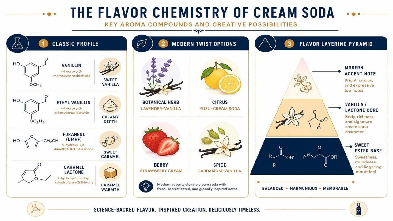 A three-panel infographic showing cream soda flavor chemistry: classic profile molecular compounds (vanillin, ethyl vanillin, furaneol), modern twist flavor categories (botanical, citrus, berry, spice), and the three-layer formulation pyramid — from CUIGUAI Flavoring's technical beverage flavor guide.