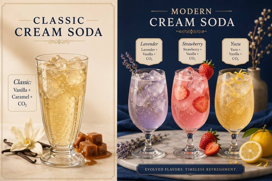 A comparison of classic vanilla cream soda against three modern innovation variants — lavender-vanilla, strawberry cream, and yuzu cream soda — illustrating the six modern twist directions explored in CUIGUAI Flavoring's cream soda resurgence technical guide.