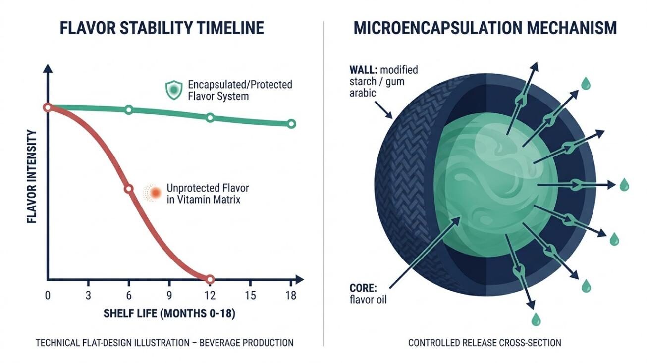 A dual-panel technical diagram showing flavor intensity vs. shelf life curves (unprotected vs. encapsulated) for vitamin-fortified water, alongside a microencapsulated flavor droplet cross-section showing the controlled release mechanism — from CUIGUAI Flavoring's formulation stability guide.